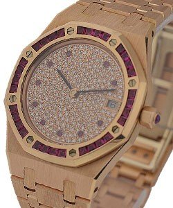 Royal Oak Quartz  in Rose Gold with Ruby Bezel on Rose Gold Bracelet with Paved Diamond Dial