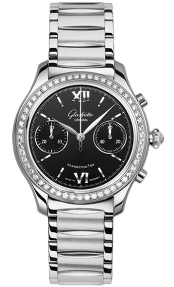 Lady Serenade Chronograph 38mm Autoamtic in Steel with Diamond Bezel on Steel Bracelet with Black Dial