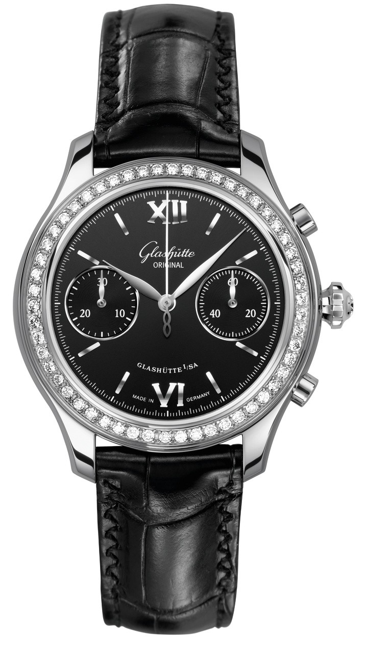 Lady Serenade Chronograph 38mm Autoamtic in Steel with Diamond Bezel on Black Crocodile Leather Strap with Black Dial