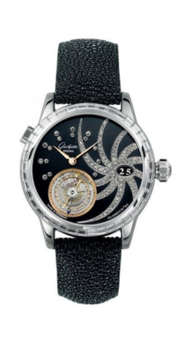 Lady's Edition Night Shade 39.4mm in White Gold with Baguette Bezel on Black Galuchat Leather Strap with Black Diamond Dial