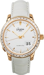 Senator Panorama Date in Rose Gold with Baguette Diamond Bezel on White Alliagtor Leather Strap with Silver Dial