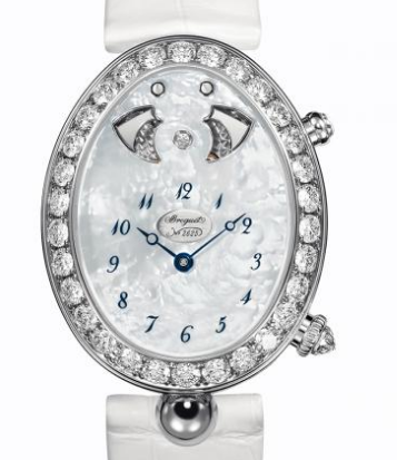 Reine de Naples In White Gold with Diamond Bezel on White Satin Strap with White Mother of Pearl and Diamond Dial