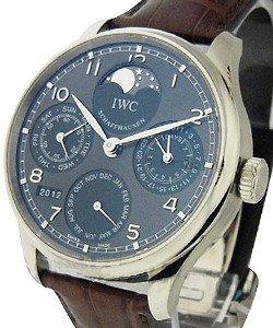 Portuguese Perpetual Calendar in White Gold on Brown Alligator Leather Strap with Grey Dial