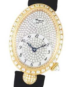 Reine de Naples in Yellow Gold with Diamond Bezel on Black Strap with Pave Diamond Dial