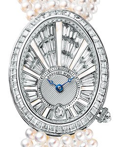 Reine de Naples 38.5mm Automatic in White Gold with Baguette Diamonds on White Gold Pink Pearl Bracelet with Baguette Diamond Dial