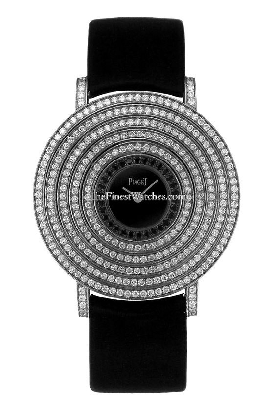 Limelight Party in White Gold with Diamond Bezel on Black Satin Strap with Black Dial
