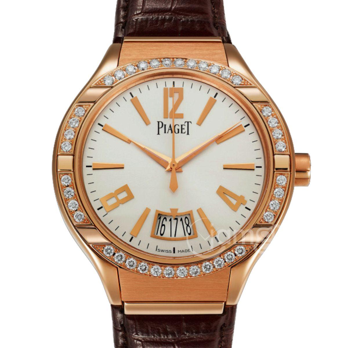 Polo Date Automatic Men's in Rose Gold with Diamond Bezel on Brown Crocodile Leather Strap with White Dial