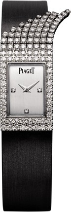 Limelight Fringe Motif in White Gold with Diamond Bezel on Black Satin Strap with White Dial