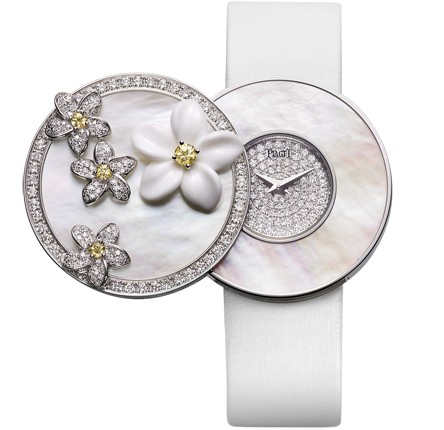 Limelight Paradise in White Gold with Diamonds on White Satin Strap with MOP Diamond Dial