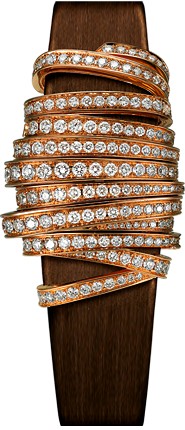 Limelight Ribbon Motif Secret Watch in Rose Gold with Diamond Bezel on Brown Satin Strap with MOP Diamond Dial