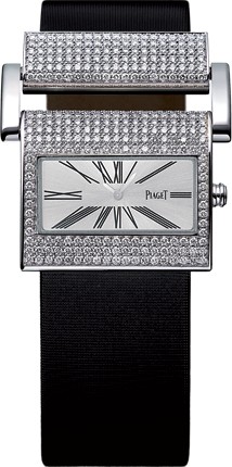 Miss Protocole Classic Large in White Gold with Diamond Bezel on Black Satin Strap with Silver Dial