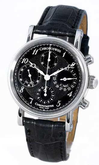 Chronometer Chronograph in Steel on Black Crocodile Leather  Strap with Black Guilloche Dial