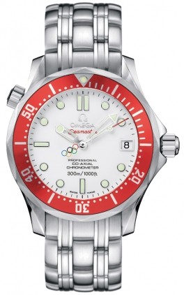 Omega Seamaster  300m Olympic Vancouver  2010 in Steel with Red Bezel on Steel Bracelet with White Dial
