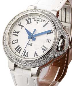 Bedat No. 8 in Steel with Diamond Bezel on White Leather Strap with Silver Dial