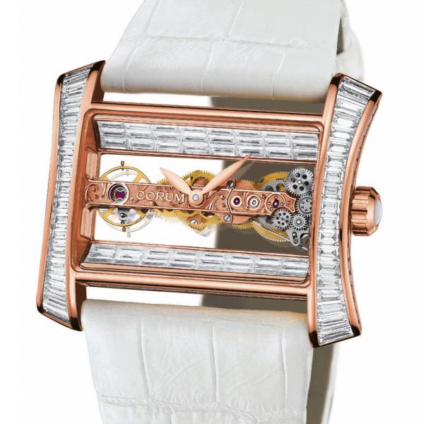 Golden Bridge Lady's in Rose Gold with Diamond Bezel on White Crocodile Leather Strap with Skeleton Dial