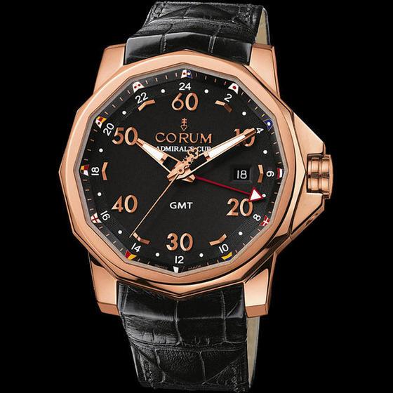 Admiral's Cup 44mm GMT in Rose Gold on Black Leather Strap with Black Dial