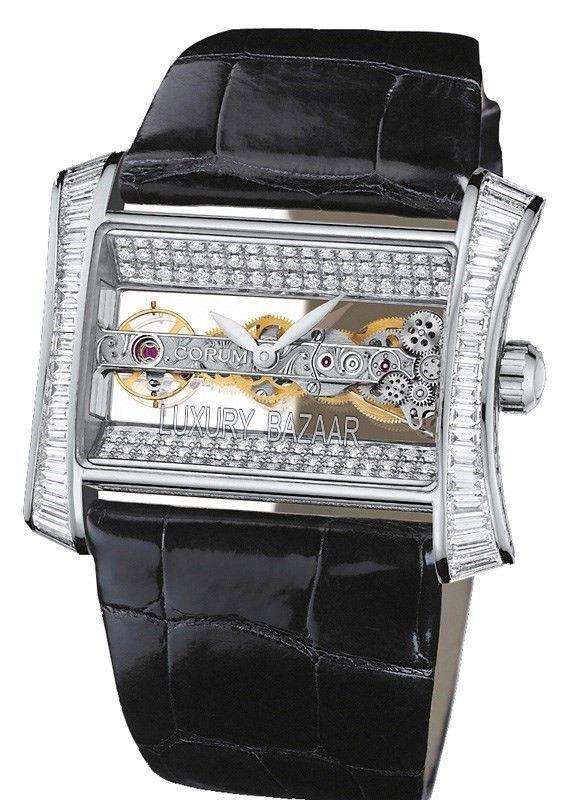 Golden Bridge Lady's in White Gold with Diamond Bezel on Black Leather Strap with Skeleton Transparent