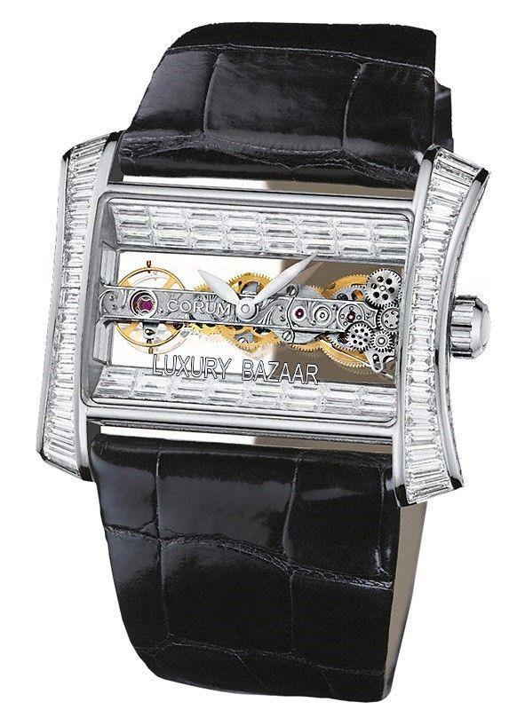 Golden Bridge Lady's in White Gold with Diamond Bezel on Black Leather Strap with Transparent Dial