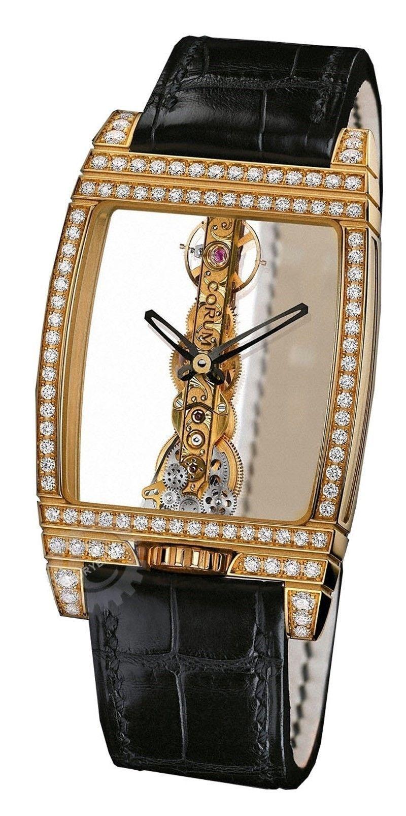 Golden Bridge Men's Yellow Gold with Diamond Bezel on Black Leather Strap with Transparent Dial