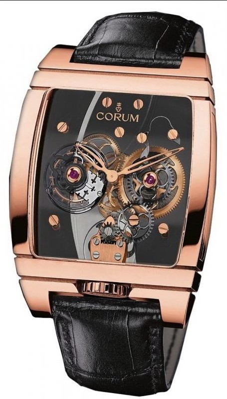 Golden Tourbillon Panoramique in Rose Gold on Black Leather Strap with Grey Dial