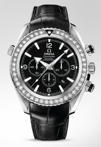 Seamaster Planet Ocean Chronograph in Steel With Diamond Bezel on Black Crocodile Leather Strap with Black Dial