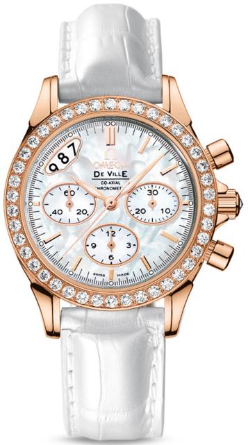 Deville Co-Axial Chronograph in Rose Gold with Diamond Bezel on White Alligator Leather Strap with White MOP Dial