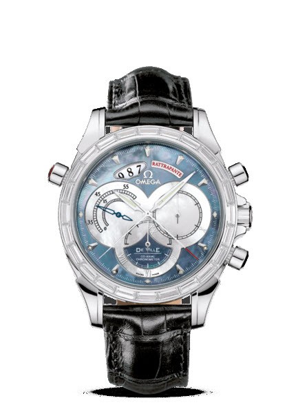 Deville Co-Axial Rattrapante in Platinum with Diamond on Black Alligator Leather Strap with Blue MOP Dial