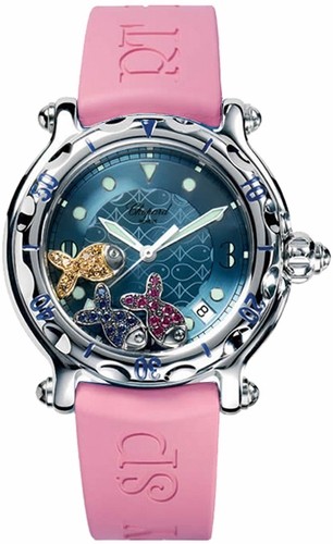 Happy Fish 38mm in Steel on Pink Rubber Strap with Blue Dial