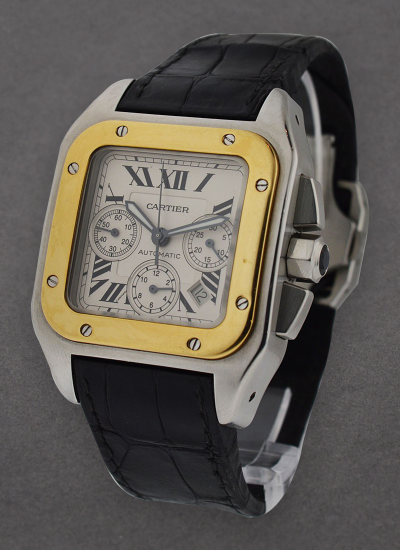 Cartier Santos 100 Chronograph XL in Steel with Yellow Gold Bezel