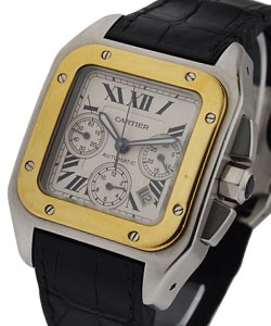 Santos 100 Chronograph XL in Steel with Yellow Gold Bezel on Black Crocodile Leather Strap with Silver Dial