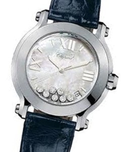 Happy Sport Round in Steel on Black Leather Strap - Mother of Pearl Dial with Floating Diamonds 