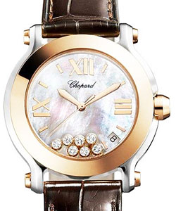 Happy Sport Ladies in Steel with Rose Gold Bezel on Brown Crocodile Leather Strap with MOP Dial