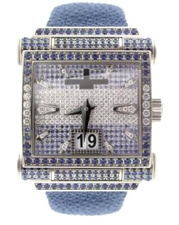 Instrumento Grande 41.1mm in White Gold with Diamond & Sapphires Bezel on Blue Galuchat Strap with Paved Diamond Dial