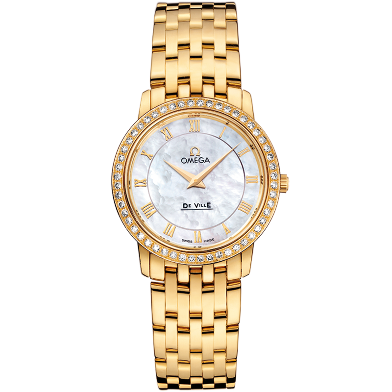 De  Ville Prestige Lady's in YG with Diamond Bezel Yellow Gold on Bracelet with White MOP Dial