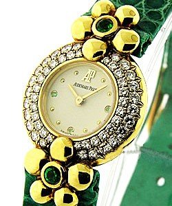 Lady Quartz in Yellow Gold with Sapphires Diamond Bezel  on Green Strap with Ivory Dial