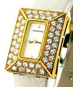 Rectangle Ladies Quartz in Yellow Gold with Diamond Bezel on White Strap with Mother of Pearl Dial
