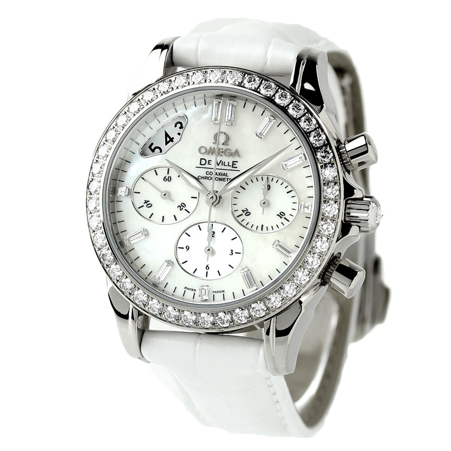 De Ville Co-Axial Chronograph in White Gold with Diamonds on White Alligator Leather Strap with White MOP Diamond Dial