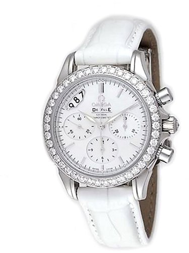 De Ville Co-Axial Chronograph in Steel with Diamond Bezel on White Alligator Leather Strap with White MOP Dial