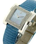Ladys Square Diamond Watch in White Gold on Strap -2- Row Diamond Case with Blue MOP Dial