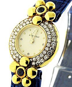 Lady Quartz in Yellow Gold with Sapphires Diamond Bezel on Blue Strap with Ivory Dial