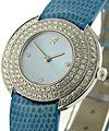 Round with 3 Row In White Good with Diamond Bezel on Blue  Strap with Blue Mother of Pearl Dial