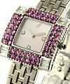 Square Dress Watch in White Gold with Purple Diamond Bezel on White Gold Bracelet with Pink MOP Dial