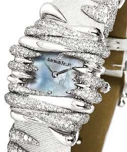 Givrine in White Gold with Diamond Case on White Satin Strap with Blue Mother of Pearl Dial