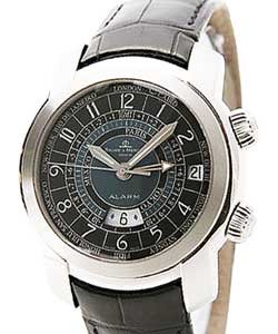 Hampton Date Alarm in Steel on Black Leather Strap with Black Dial