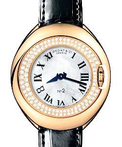 Bedat No.2 Ladies Midsize in Rose Gold with Diamond Bezel on lack Leather Strap with Mother of Pearl Dial