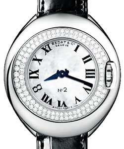 Bedat No. 2 Ladies in Steel with Diamond Bezel on Black Leather Strap with Mother of Pearl Dial