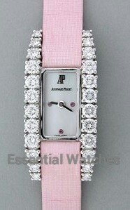 Lady's White Gold Diamond Watch in White Gold with Diamonds  on Pink Satin Strap with MOP Dial