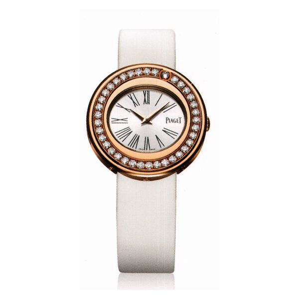 Possession Ladies Small in Rose Gold with Diamond Bezel on White Satin Strap with White Dial