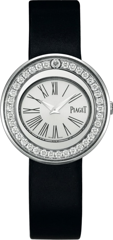 Possession Ladies in White Gold with Diamond Bezel on Black Satin Strap with White Dial