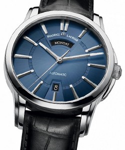 Pontos Day Date in Steel  on Black Leather Strap with Blue Dial